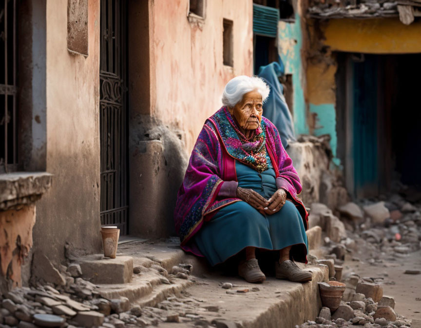 Elderly Woman in Traditional Outfit on Stone Step with Colorful Shawl