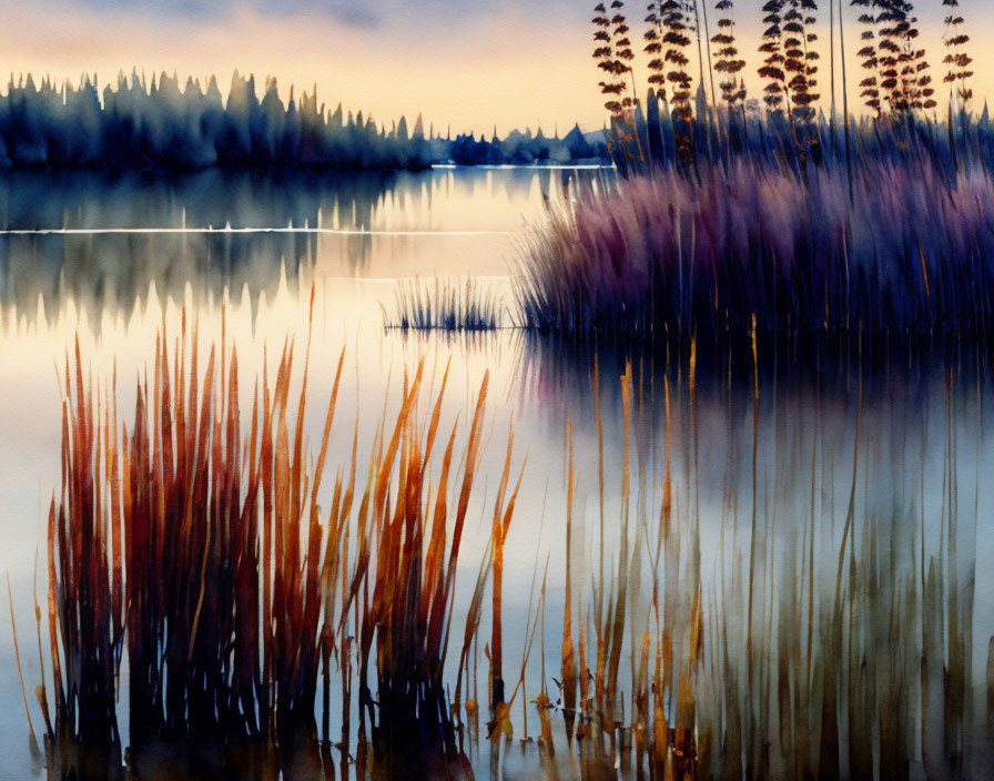 Tranquil lake watercolor with silhouetted trees and warm dusky sky