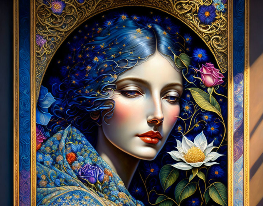 Ethereal portrait of woman with stars in flowing blue hair, surrounded by golden floral patterns