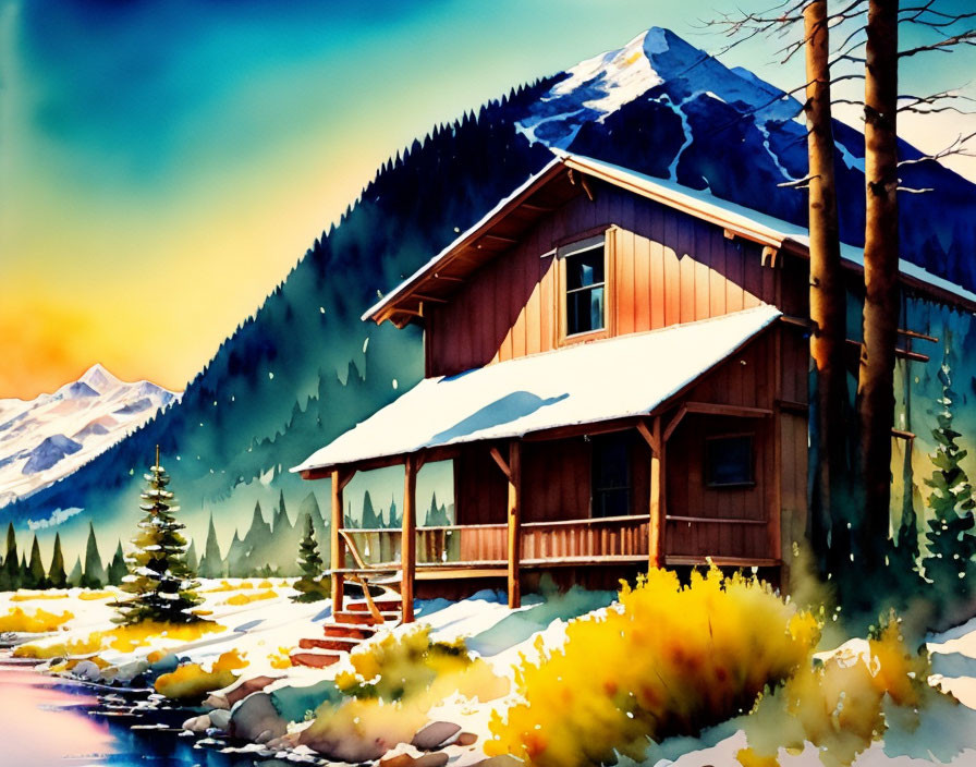 Scenic watercolor painting of cozy cabin in snowy mountain landscape