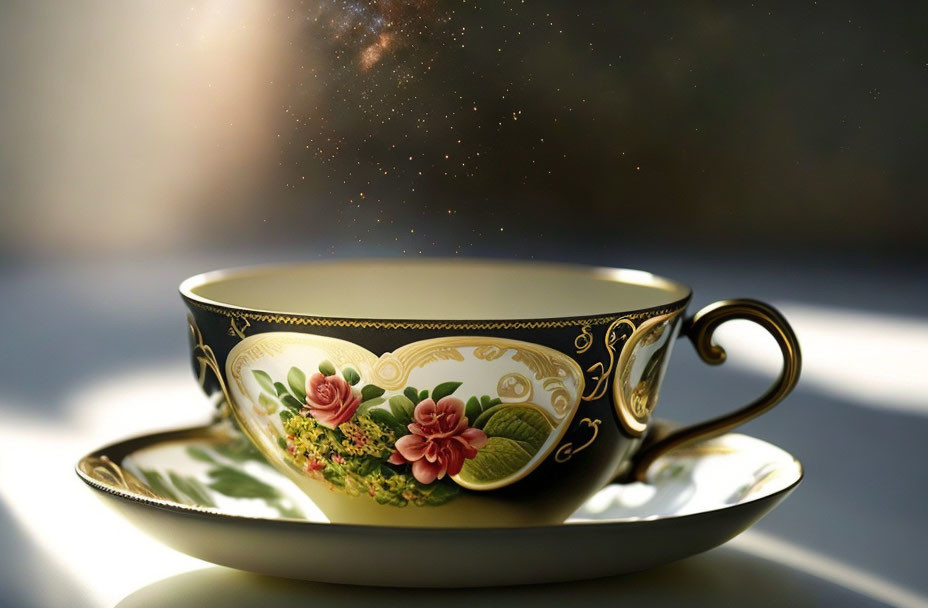 Floral Design Teacup and Saucer with Golden Accents in Warm Sunlight