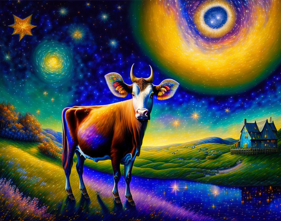 Colorful cow painting on grassy hill with star-filled sky and galaxies, house in background