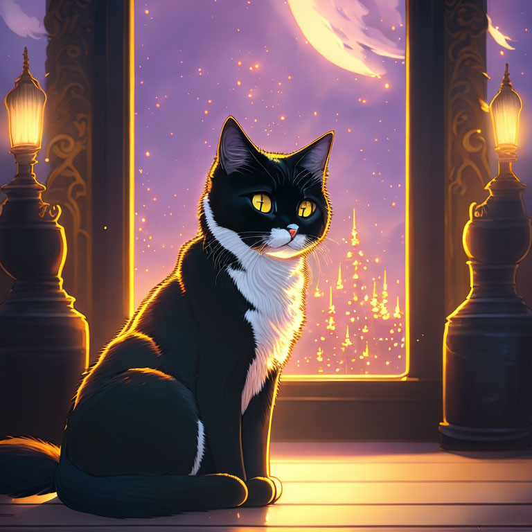 Black and white cat with glowing yellow eyes by night cityscape and moon