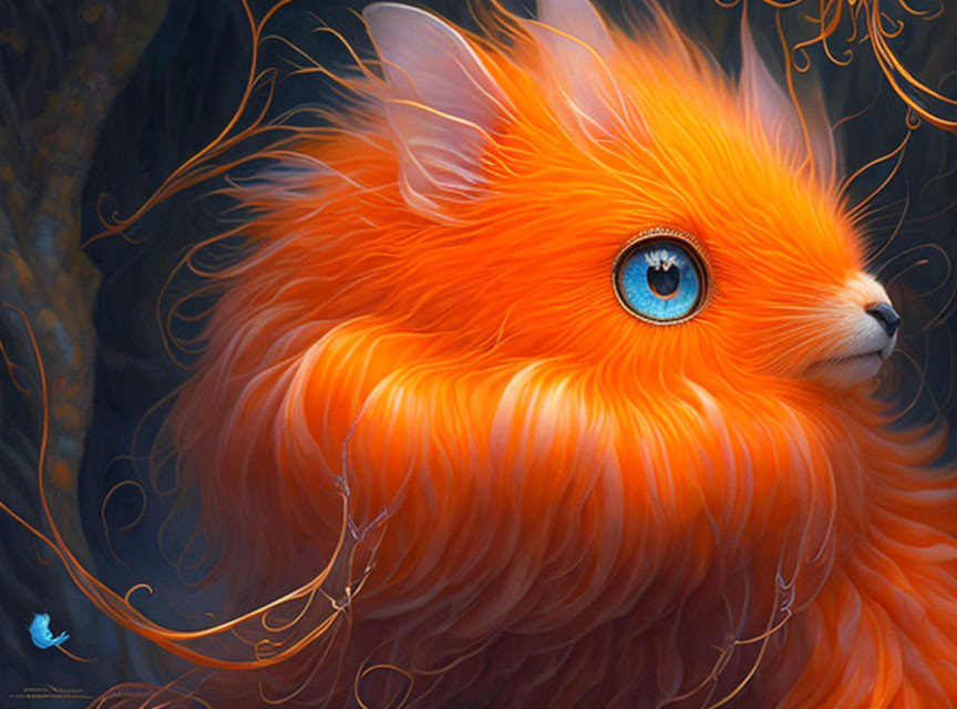 Vivid Orange Creature with Blue Eye and Swirling Tendrils