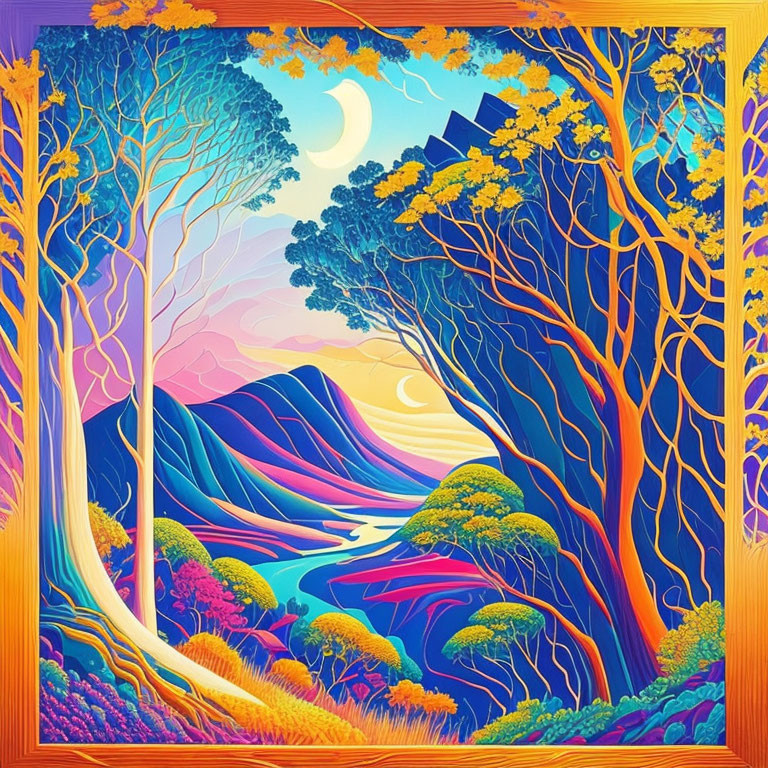 Colorful Terraced Hills Landscape Painting with River and Crescent Moon