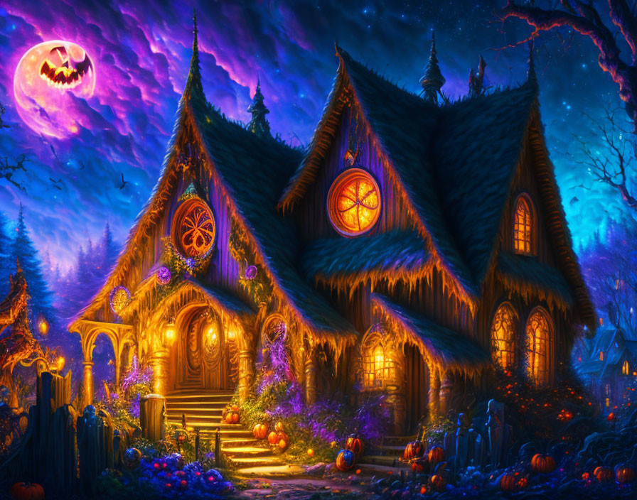 Mystical Halloween-themed illustration of a spooky house under a full moon