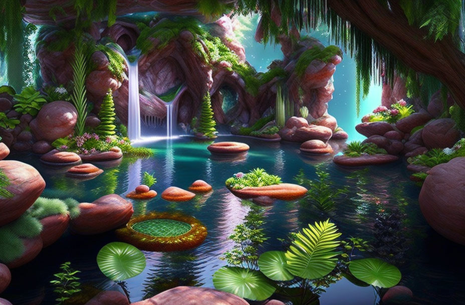 Tranquil fantasy jungle with waterfall and lily pond