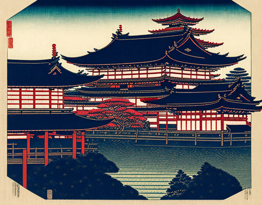 Japanese woodblock print of serene temple & nature scene