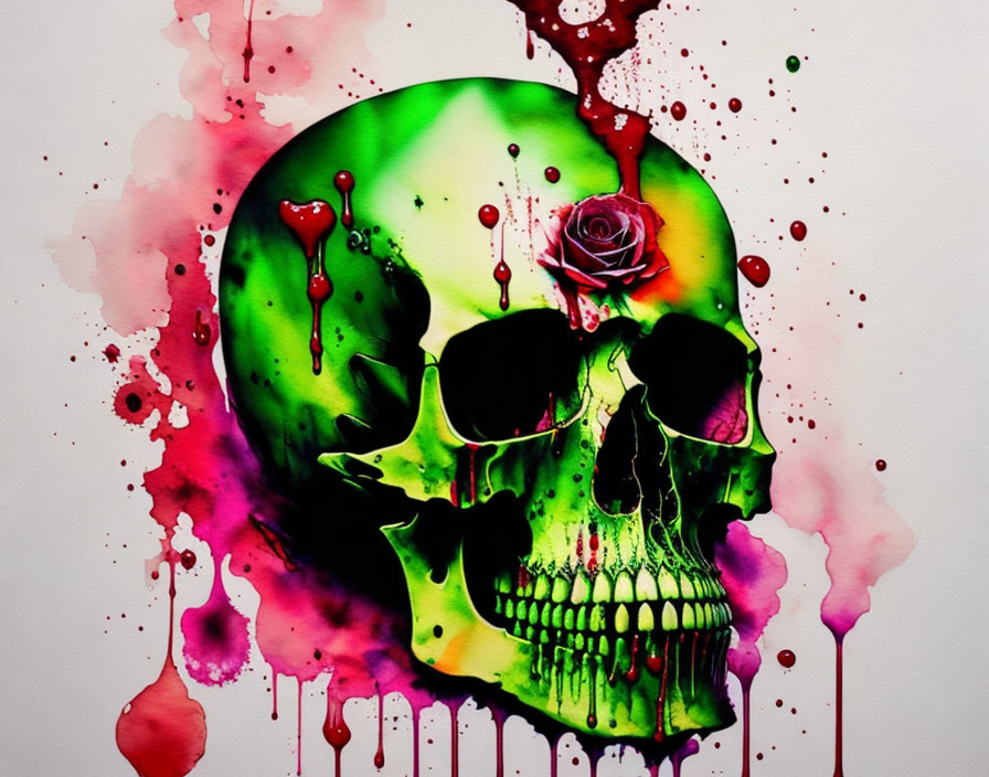 Colorful skull artwork with green gradient, red and pink splatters, and a rose in eye socket