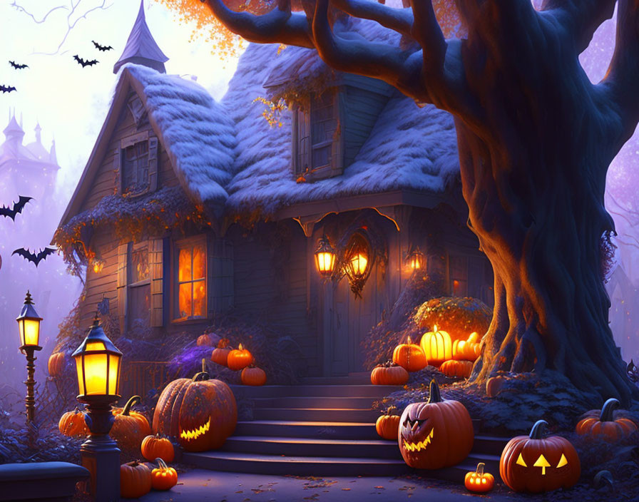 Spooky Halloween scene with tree, pumpkins, cobweb house, bats