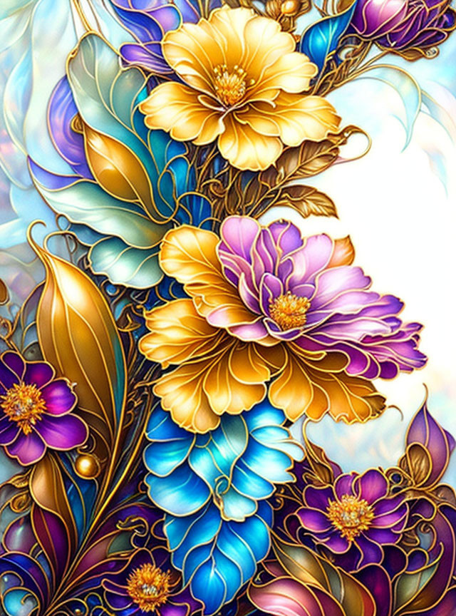 Colorful stylized flowers with gold accents on swirling pastel backdrop