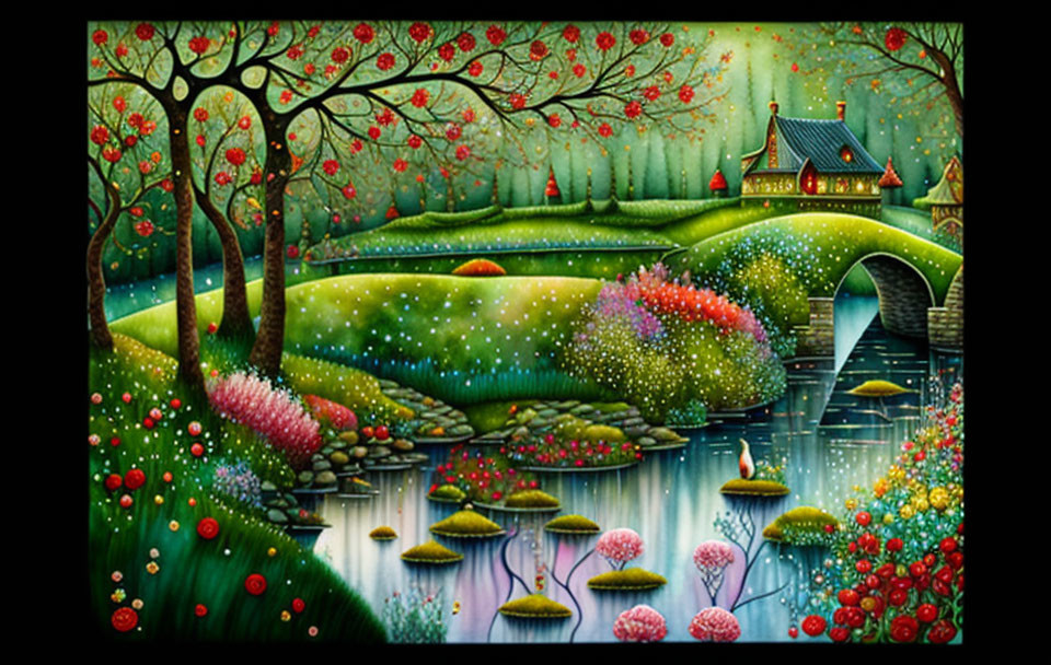 Colorful Fantasy Landscape Painting with Whimsical Trees, Meadow, Pond, Bridge, and Cottage