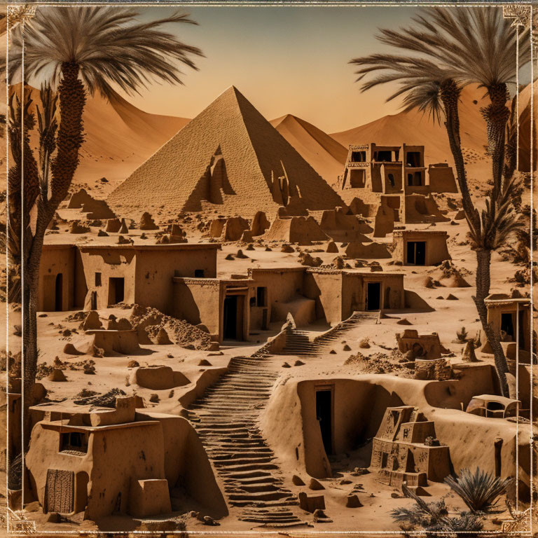 Ancient pyramid in desert with ruins, palm trees, and sepia sky