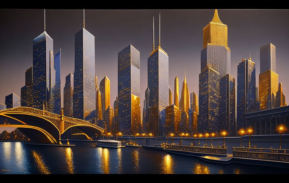 Twilight futuristic cityscape with illuminated skyscrapers and ornate bridge