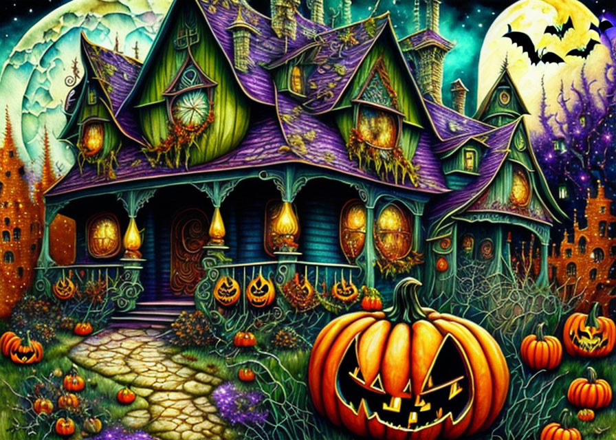 Colorful Halloween Illustration: Haunted House, Jack-o'-lanterns, Full Moon,