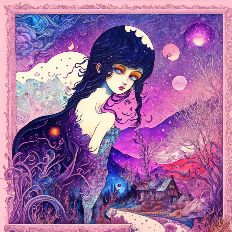 Stylized female figure with dark hair in whimsical landscape.