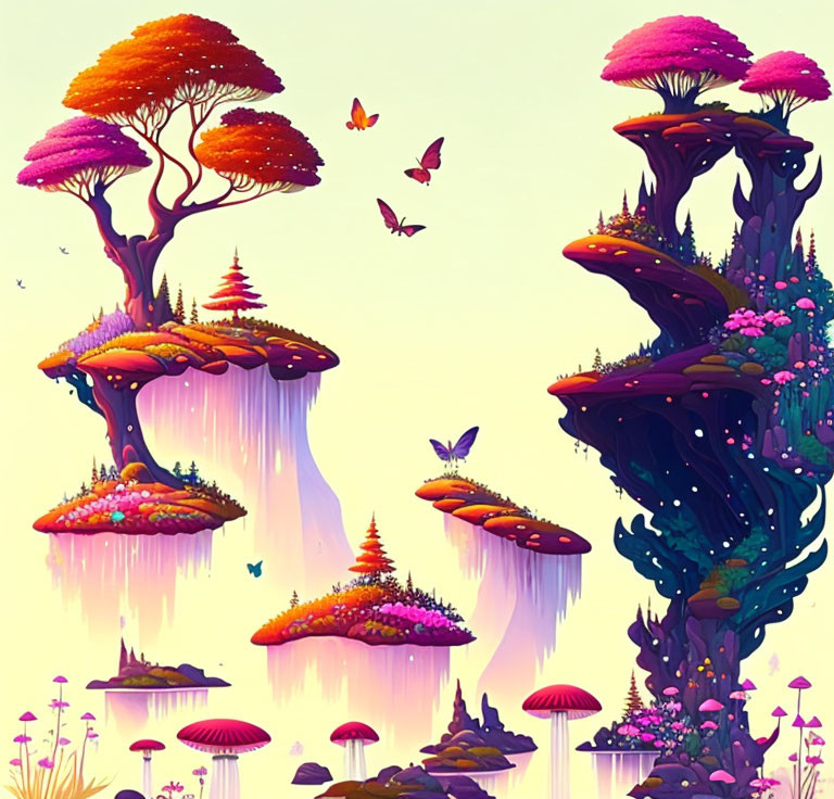 Colorful Fantasy Landscape with Whimsical Trees and Butterflies