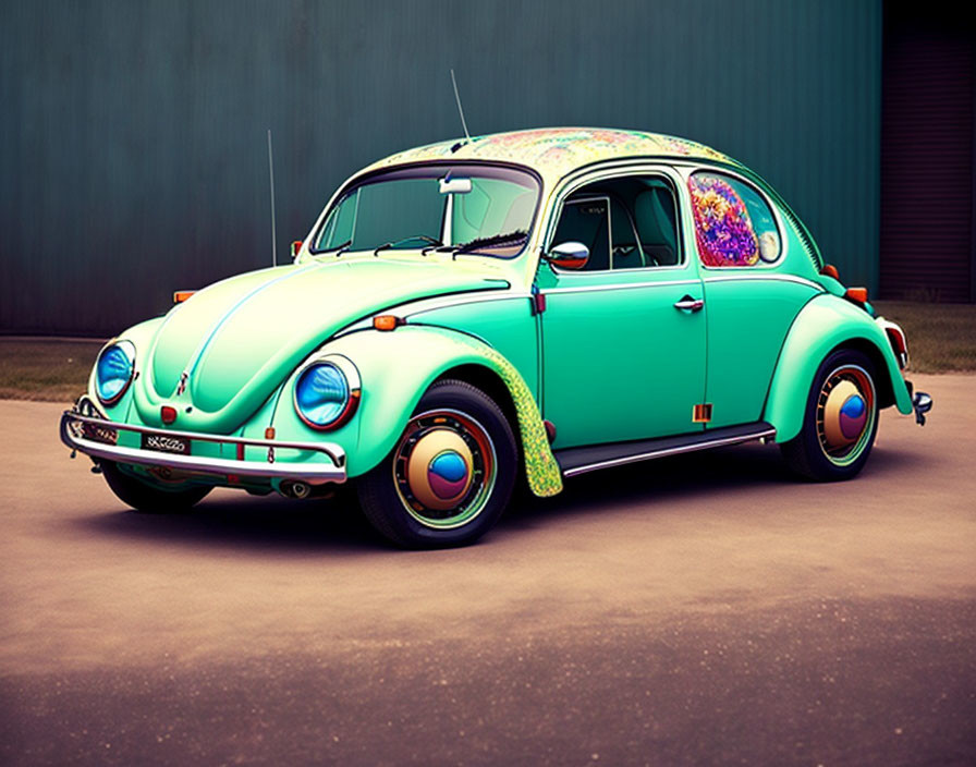 Colorful Vintage Volkswagen Beetle with Floral Roof Parked in Front of Plain Building