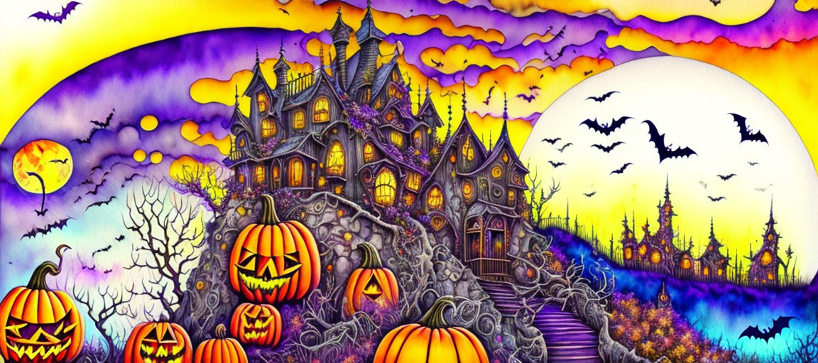 Vibrant Halloween illustration: haunted house, jack-o'-lanterns, bats, full moon