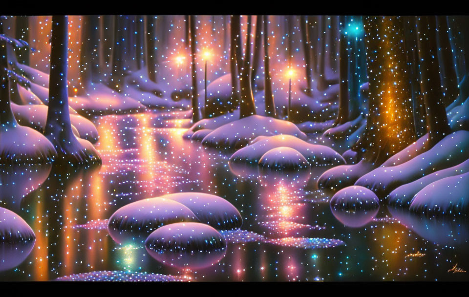 Enchanted forest at night: glowing lights, snow-covered rocks, trees, reflective river