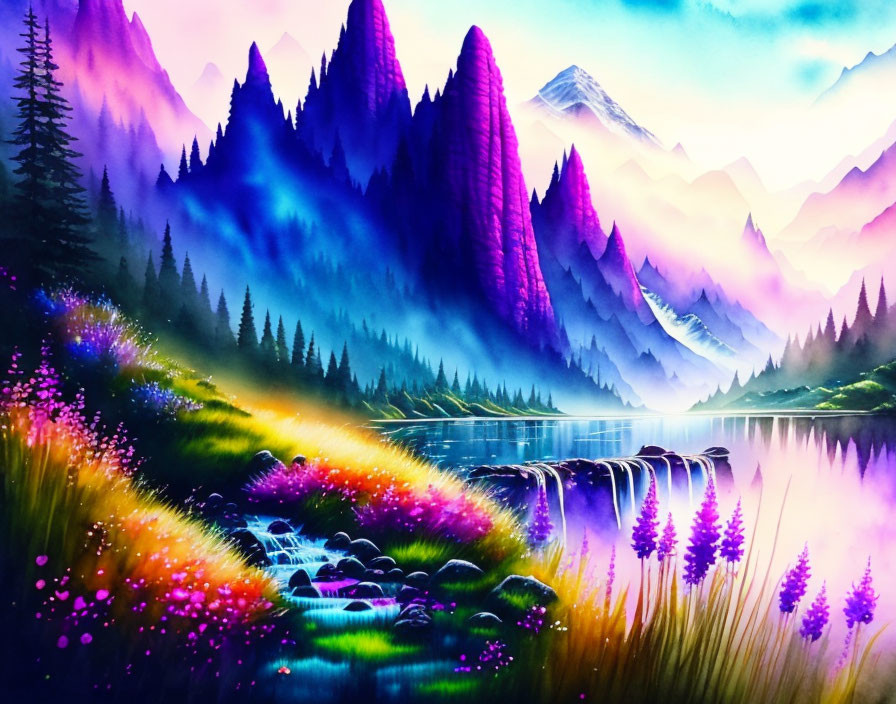 Colorful Landscape Painting: Serene Lake, Lush Forests, Majestic Mountains