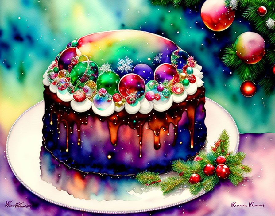 Vibrant holiday cake with dripping icing and festive decorations