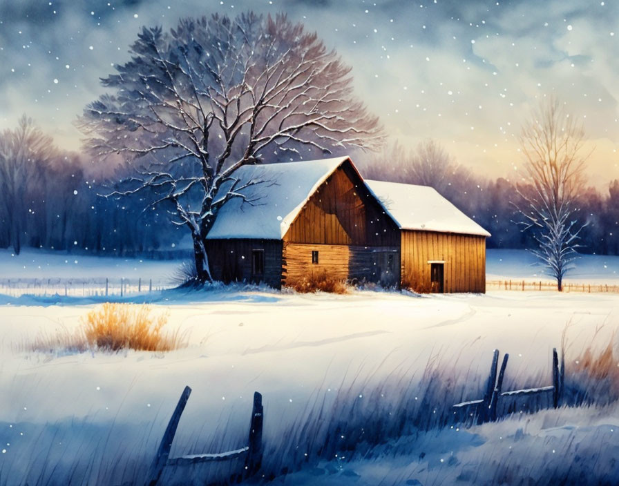 Snow-covered winter landscape with rustic wooden barn at dusk