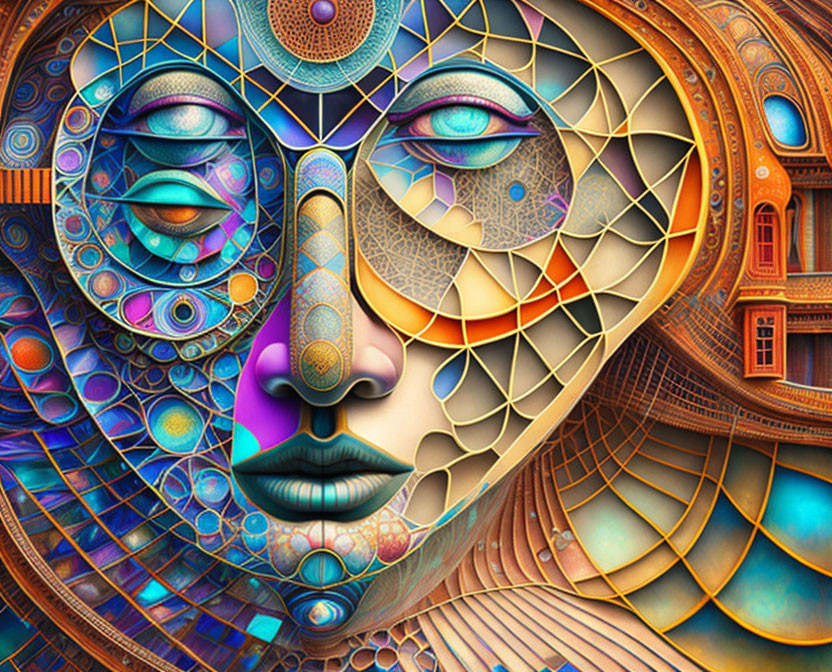 Vibrant digital artwork: Abstract, fractal-like faces merged with intricate patterns