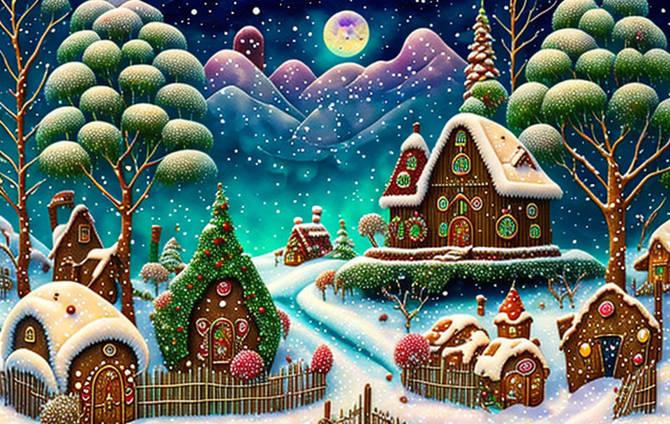 Snowy gingerbread-style houses in winter night scene