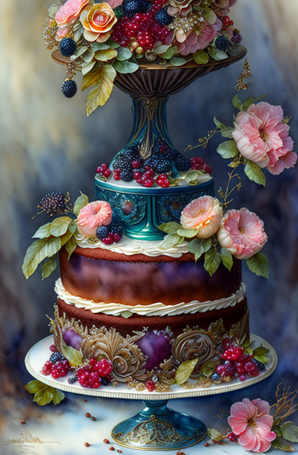 Elaborate Floral and Fruit Decorated Multi-Tiered Cake Display