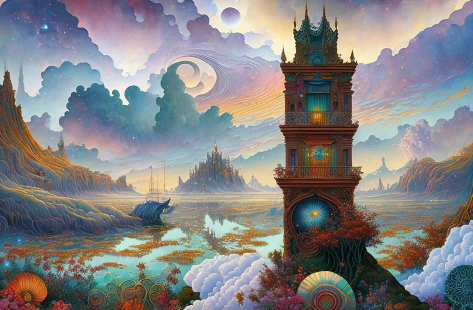 Colorful Fantasy Landscape with Tower, Hills, Celestial Bodies, Flora, and Ship