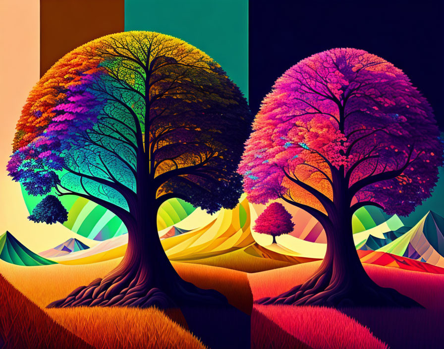 Colorful stylized artwork: Two trees with multicolored leaves, geometric hills, gradient sky