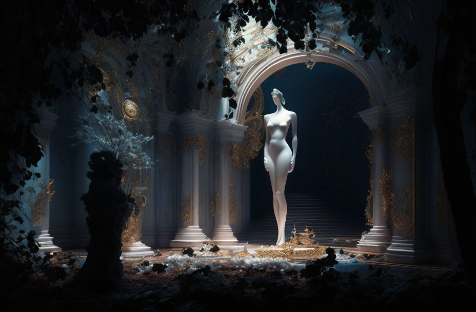 Ethereal white statue surrounded by ornate arches and gold details