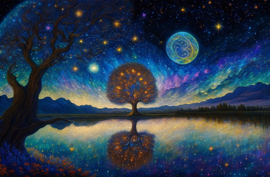 Colorful Tree Painting by Lake Under Starry Sky with Spiral Galaxy