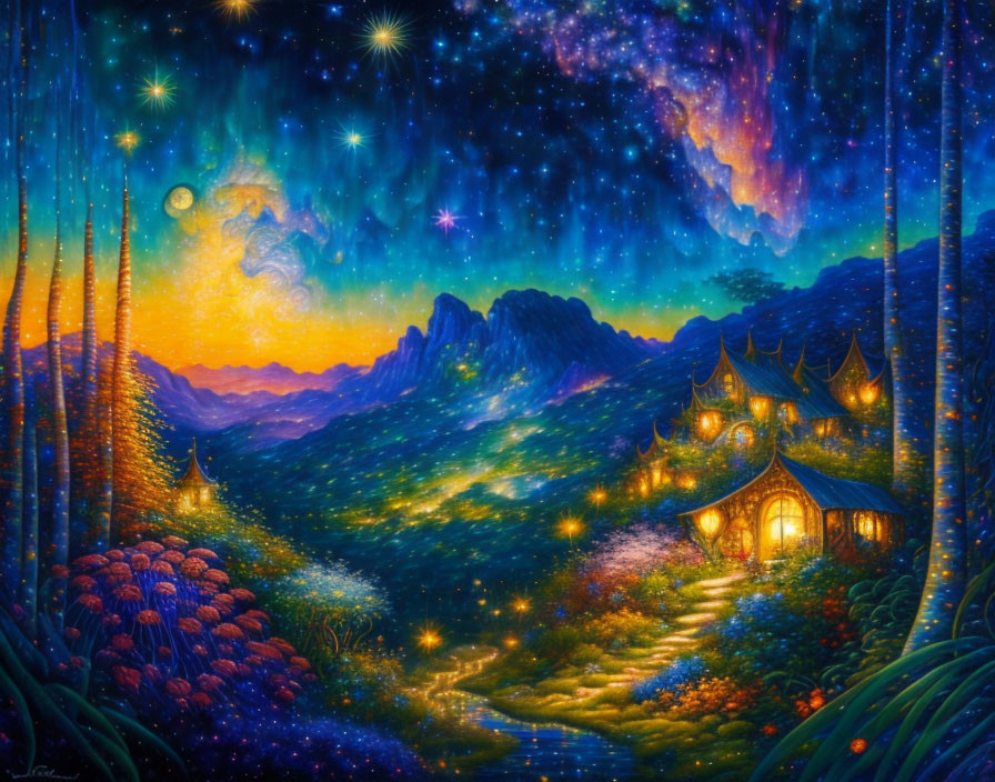 Fantasy landscape with starry sky, fiery sunset, mountains, whimsical houses, and glowing pathway