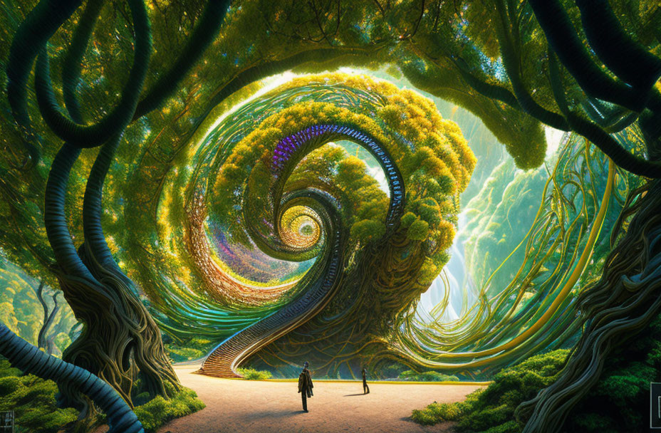 Person walking towards swirling vortex in fantastical forest