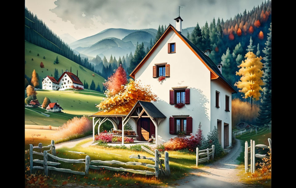 Rural Home Surrounded by Autumn Trees and Rolling Hills