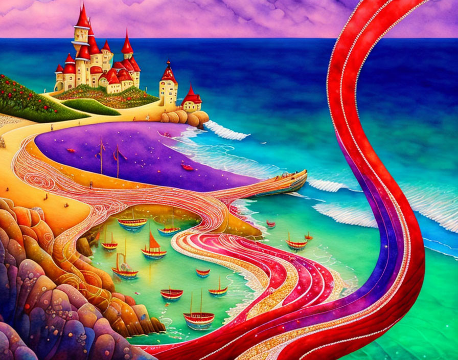 Colorful landscape with red pathway, castle, boats, beach, and dramatic sky