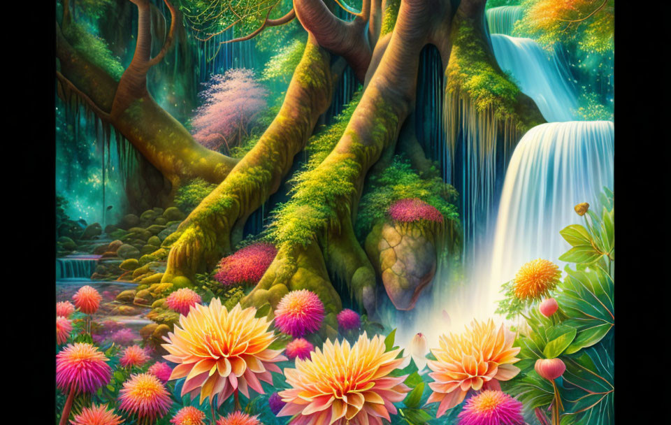 Lush Fantasy Forest with Waterfall & Giant Tree Roots