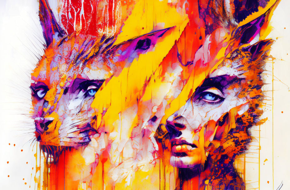 Abstract Art: Fox-Woman Fusion in Fiery Colors