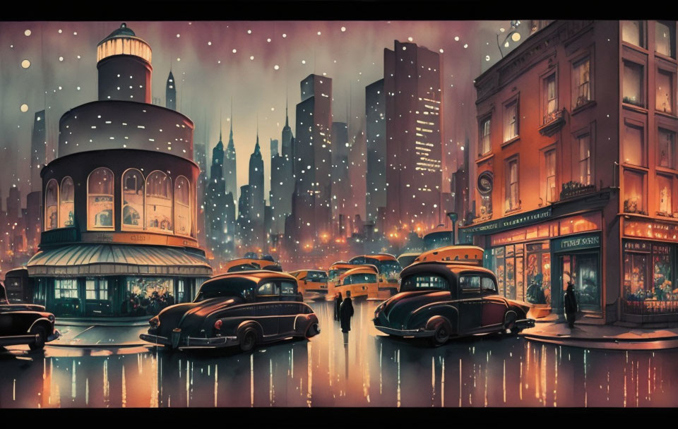 Classic cars and glowing shop fronts in vintage cityscape.