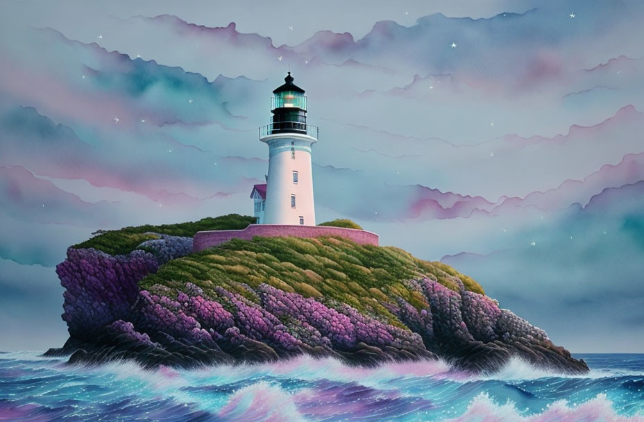 Vibrant lighthouse on lilac hill by serene sea