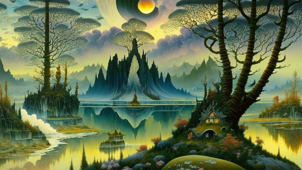 Colorful fantasy landscape with castle, trees, floating islands, and luminous moon