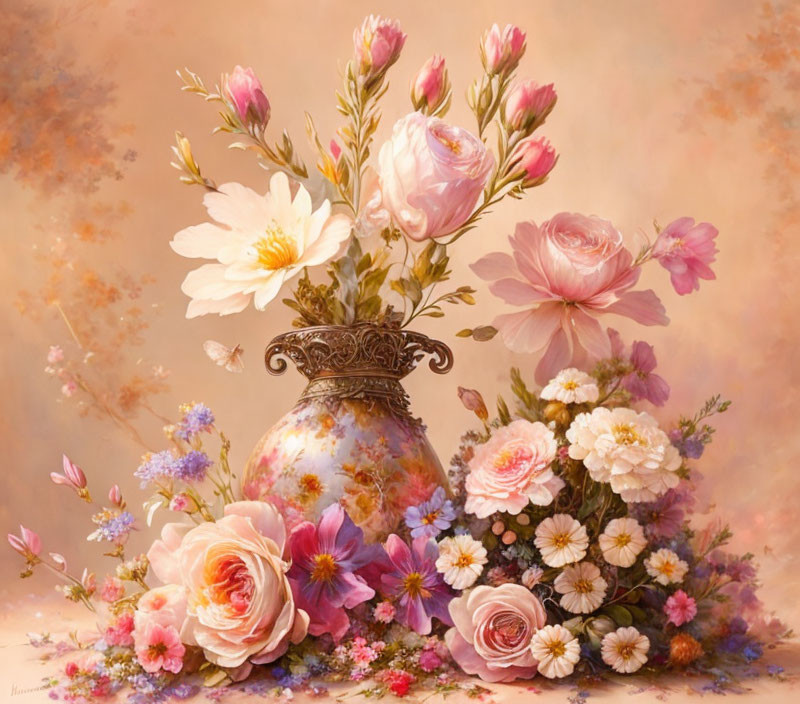 Ornate vase with pastel flowers on warm background