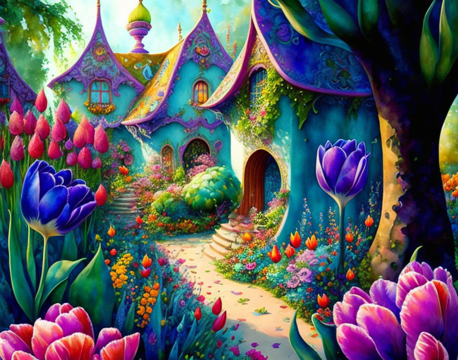 Charming fairy tale cottage with colorful tulips in lush garden