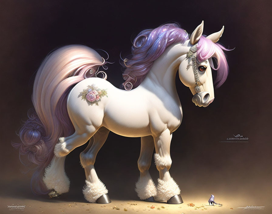 White unicorn with pink mane and fairy on dark background