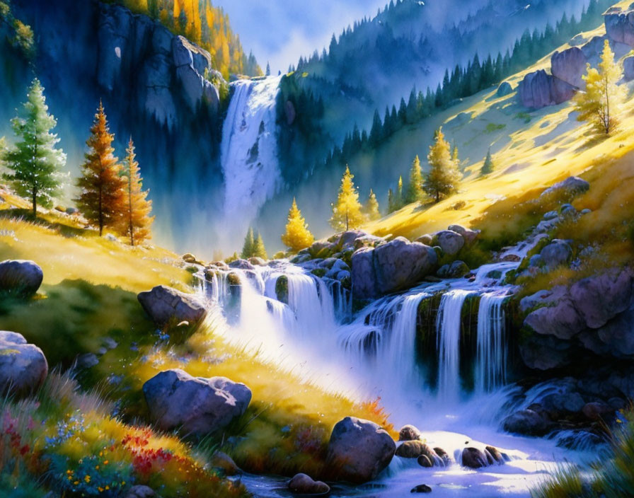 Tranquil valley with waterfall, river, and lush greenery