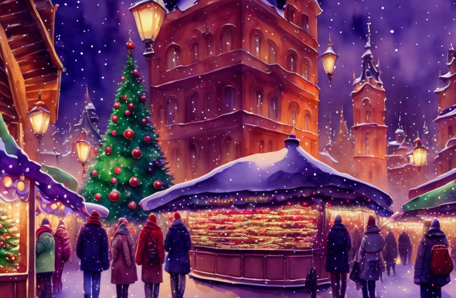 Illustrated Christmas Market Scene with Snowfall and Festive Decorations