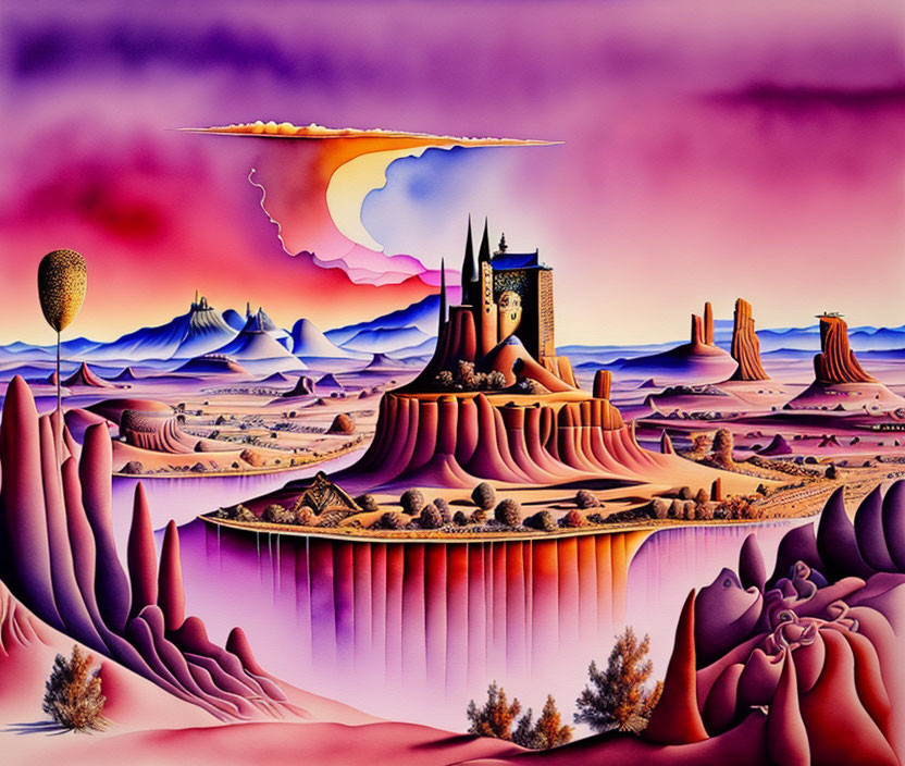 Surreal landscape with castle, floating islands, and eclipsed sun