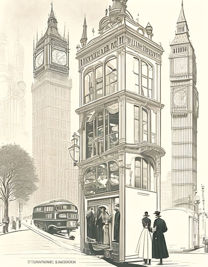 Vintage London Street Scene with Double-Decker Bus and Big Ben